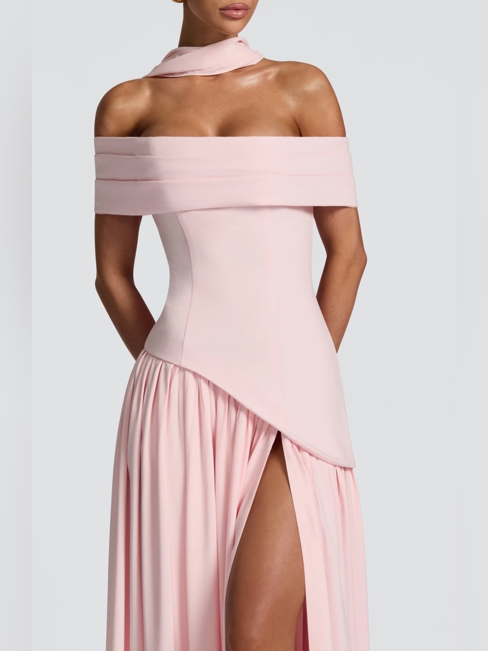 Off-the-Shoulder Pink Evening Dress with Side Slit